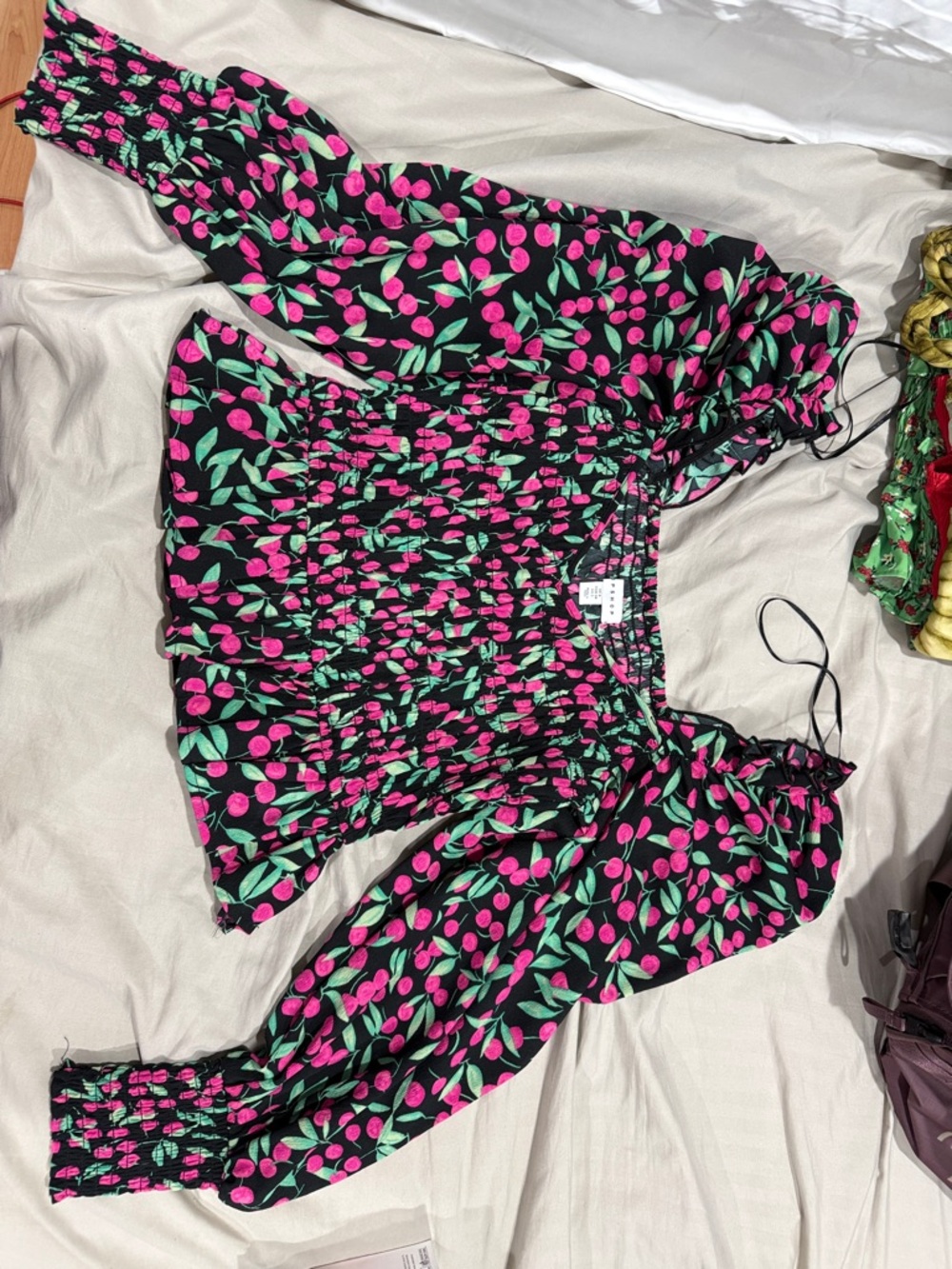 Topshop Black Cherry-Print Smocked Off-Shoulder Top